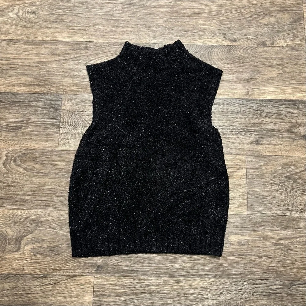 REISS Georgia Tinsel Knitted Sleeveless Vest in Black Sweater Top Size Large